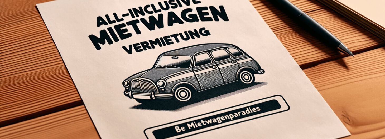 Photo of a plain paper on a wooden desk. Above the car is the text 'All-inclusive Mietwa.png